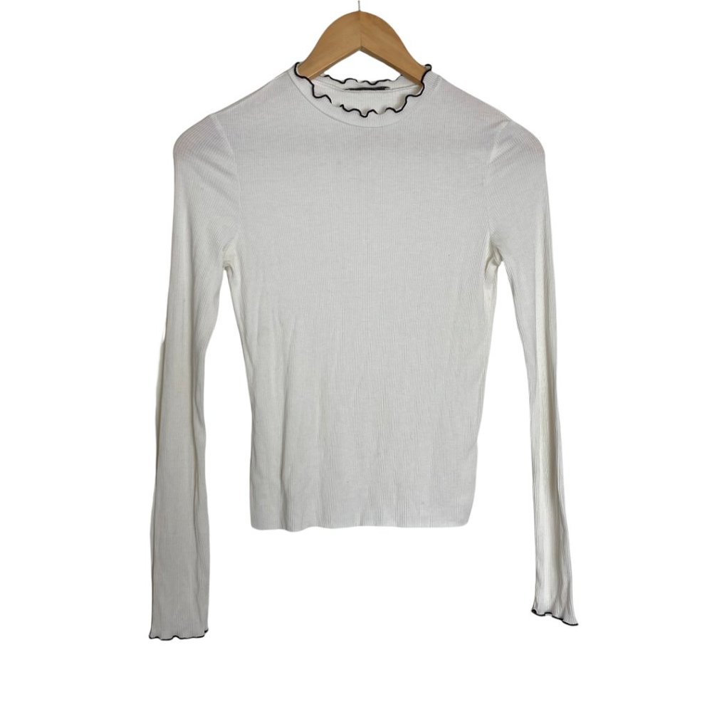 Zara White Ribbed Scalloped Long Sleeve Top